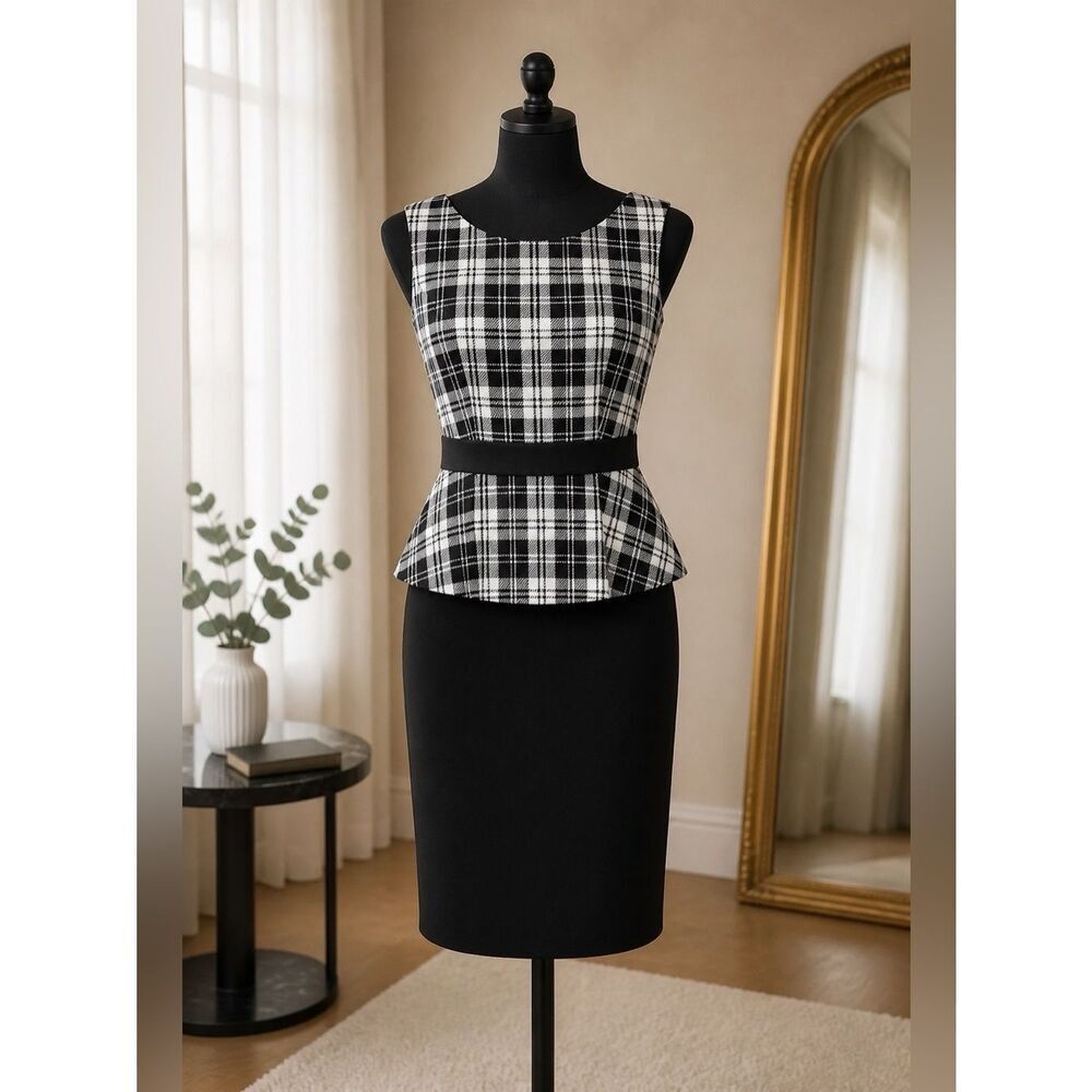 BLACK & WHITE SLEEVELESS DRESS w PEPLUM SIZE 8 - Picture 1 of 5